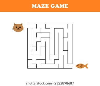 Maze game, worksheet for kids, cat and fish, vector. Maze, cat and fish.