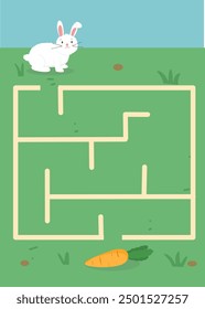 Maze game worksheet for kindergarten, help rabbit find path to the carrot, rabbit and carrot maze for kids, printable maze game for  children in the animal theme 