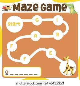 Maze game worksheet. Worksheet for learning English. Educational activity for children. Printable activity page for kids. Simple educational printable worksheet. 