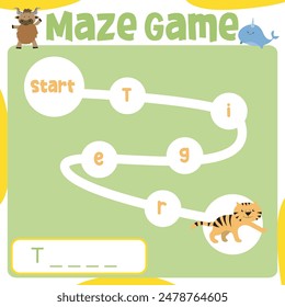 Maze game worksheet. Worksheet for learning English. Educational activity for children. Printable activity page for kids. Simple educational printable worksheet. 