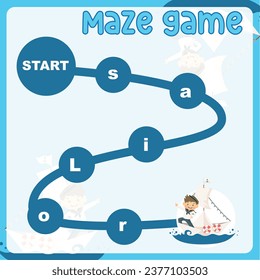 Maze game worksheet of the sailor, professions. Worksheet for learning English. Educational activity for children. Simple educational printable worksheet. Vector illustration.