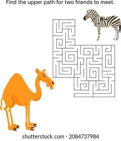 Maze game with zebra, camel. Cartoon labyrinth education puzzle. Find the upper path for two friends to meet. Vector kids activity worksheet.