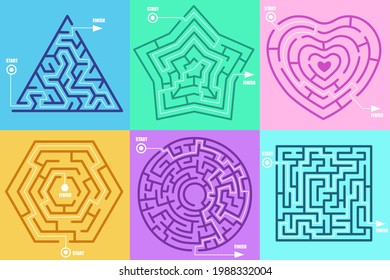 Maze games in form of different figures vector illustration set. Circle, heart, square, star, hexagon, solved puzzle with correctly marked entrance and exit. Labyrinth, riddle, mental activity concept