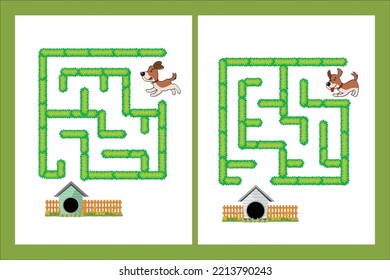 Maze games for kids. Dog looking for his house. Vector Illustration of Education Maze Game Dog with food