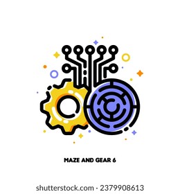 Maze and gear icon for concept of cybersecurity and digital adoption to overcome business challenges. Flat filled outline style. Pixel perfect 64x64. Editable stroke