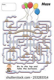 Maze, go to the top and take the balloons.