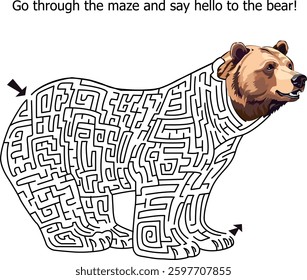Maze. Graphic illustration. Go through the labyrinth and say hello to the bear.