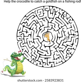 Maze. Graphic illustration. Help the crocodile to catch a goldfish on a fishing rod