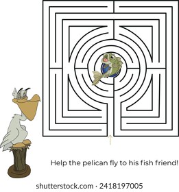 Maze. Graphic illustration. Help the pelican fly to his fish friend!