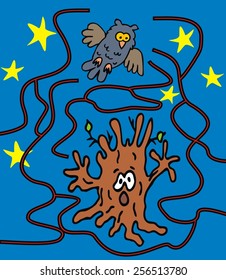 maze, haunted tree and owl, vector picture
