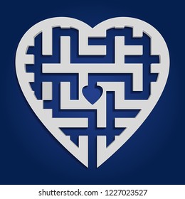 Maze in heart shape. Gray labyrinth on blue background. Vector illustration