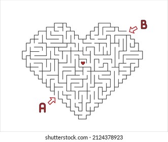 Maze with heart shape with two entries and two ways to goal. Valentines day maze, made in vector.