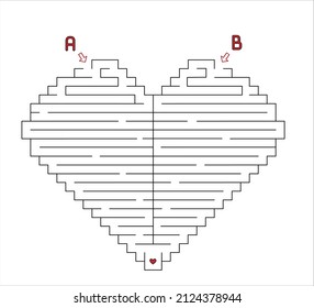 Maze con forma cardíaca con dos entradas y dos formas de gol. El laberinto del día de San Valentín, hecho en vector.