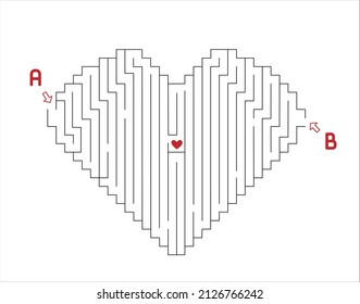 Maze with heart shape with two entries and two ways to one goal. Valentines day maze, made in vector