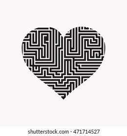 maze heart Valentine Day Puzzle find the way black on white 2