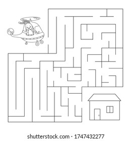 Maze with helicopter, bunny, house . Educational children game. Vector illustration.