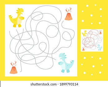 Maze, help the dinosaur get to his friend. A game for children. Vector graphics. Cute dinosaurs. Printout for preschoolers. Puzzle or riddle logic game for the development of intelligence.