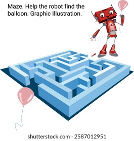 Maze. Help the robot find the balloon. Graphic illustration.