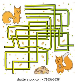 Maze help the squirrel find the way to the other squirrel with nuts