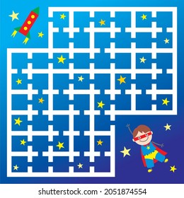 maze, hero and space ship, vector illustration, board game for children