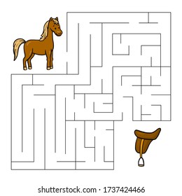 Maze con caballo, silla. Juego infantil educativo. Ilustración vectorial.