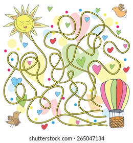 Maze with hot air balloons vector illustration in doodle style