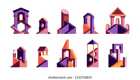 Maze houses. Multicolored flat geometrical abstract construction stylized buildings various cityscape garish vector pictures collection