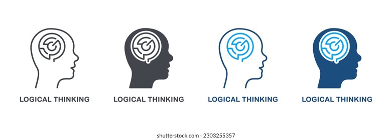 Maze in Human Head Logical Thinking Silhouette and Line Icon Set. Psychology, Creative Intellectual Process Symbol Collection. Mental Circle Labyrinth Pictogram. Isolated Vector Illustration.