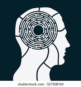 Maze of human mind. Brain game concept. Flat style vector illustration isolated on dark background.