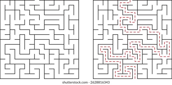 Maze illustration with two sides one empty and one solution with red path for conceptual design