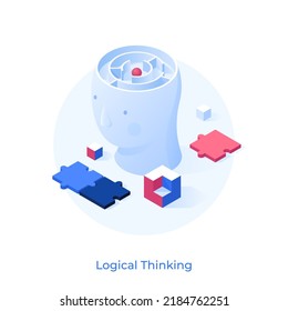 Maze inside human head and jigsaw puzzle pieces. Concept of logical or critical thinking, analytical mind, business problem solving. Modern colorful vector illustration in pseudo 3d style for poster.