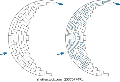 Maze inside the shape of crescent. Simple line not full moon labirinth with entrance and exit. Solution included.
