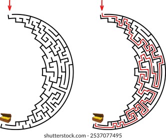 Maze inside the shape of crescent. Simple line not full moon labirinth with entrance and exit. Solution included.
