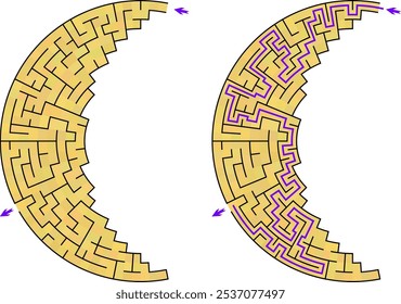 Maze inside the shape of crescent. Simple line not full moon labirinth with entrance and exit. Solution included.
