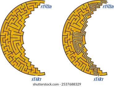 Maze inside the shape of crescent. Simple line not full moon labirinth with entrance and exit. Solution included.
