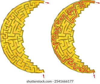 Maze inside the shape of crescent. Simple line not full moon labirinth with entrance and exit. Solution included.
