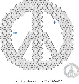 Maze dentro de una forma del símbolo del Pacífico. Señal plana vectorial de la paz y el desarme con laberinto interior. Buen patrón de estilo para impresión o diseño.
