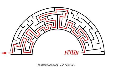 Maze inside the shape of rainbow. Beautiful red, yellow, blue, green and purple labirinth with entrance and exit. Solution included. Nice game for children.
