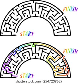 Maze inside the shape of rainbow. Beautiful red, yellow, blue, green and purple labirinth with entrance and exit. Solution included. Nice game for children.
