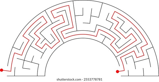 Maze inside the shape of rainbow. Beautiful red, yellow, blue, green and purple labirinth with entrance and exit. Solution included. Nice game for children.
