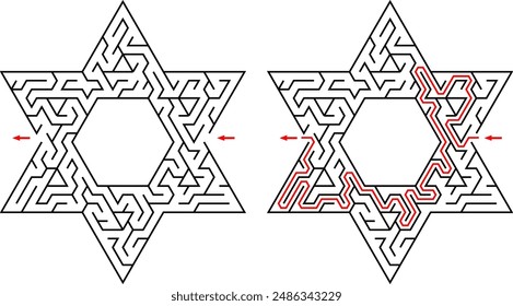 Maze inside the shape of Star of David. Original easy level of difficulty flat black and white labyrinth.