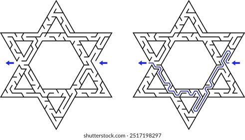 Labirinto dentro da forma de Estrela de Davi. Nível fácil original de dificuldade plano labirinto preto e branco.