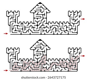 Maze inside wide castle with towers. Brick fortress labyrinth. Medium difficulty vector puzzle with entry and exit. Riddle with solution - red passing route. Logic game for kids and parents.