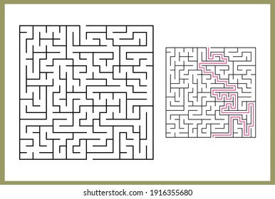 Maze para los niños. Resumen del laberinto cuadrado. Encuentra el camino al regalo. Juego para niños. Rompecabezas para los niños. El acertijo laberíntico. Ilustración vectorial plana aislada en fondo blanco. Con respuesta