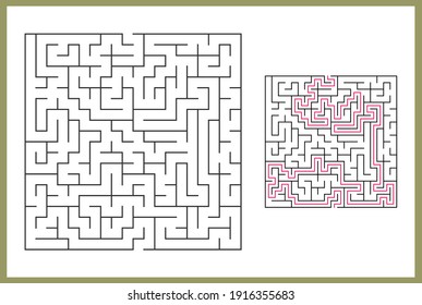 Maze para los niños. Resumen del laberinto cuadrado. Encuentra el camino al regalo. Juego para niños. Rompecabezas para los niños. El acertijo laberíntico. Ilustración vectorial plana aislada en fondo blanco. Con respuesta
