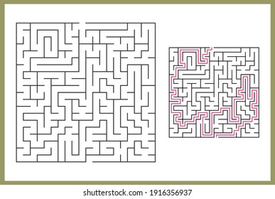 Maze for kids. Abstract square maze. Find the path to the gift. Game for kids. Puzzle for children. Labyrinth conundrum. Flat vector illustration isolated on white background. With answer