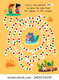 Maze for kids. Activity and Education. Puzzle game for children. Cute cartoon characters. Follow the pattern to help the kids find the jaguar in the jungle. Vector illustration. 