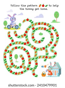 Maze for kids. Activity and Education. Puzzle game for children. Cute cartoon characters. Follow this pattern to help the bunny get home. Vector illustration. 