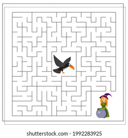 maze for kids crow and witch with cauldron, Halloween. Vector illustration isolated on a white background.