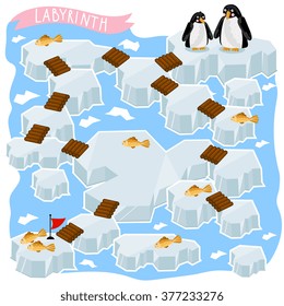 Maze for kids. Educational children vector riddle game illustration. Funny penguin and path rout direction with fish and wooden bridge on iceberg piece. Ice maze vector labyrinth. Logistic gaming ques